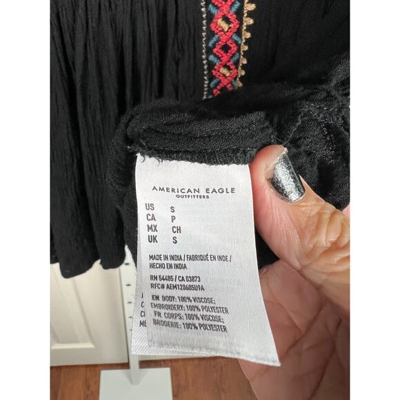 American Eagle Womens Top Blouse Small Embroidery Black Boho Bohemian V Neck - Picture 5 of 8
